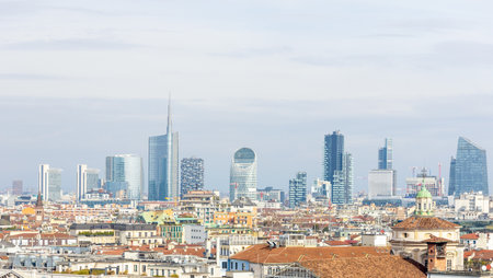 Milan skyline, Italy. View from the rooftop of Milan Cathedral (Duomo di Milano)