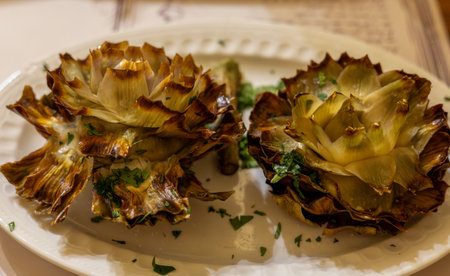 Fried artichoke, Roman Jewish cuisine. Close-up, selective focusの写真素材
