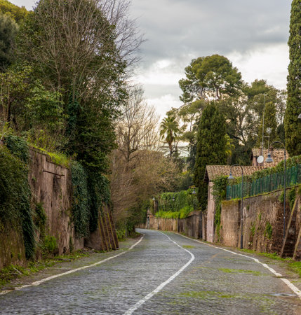 Old street in Rome, Italy. Via di Porta San Sebastiano just behind Aurelius Wallの写真素材