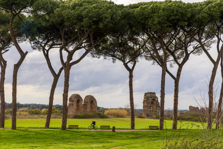 Park of the Aqueducts (Parco degli Acquedotti), an archeological public park in Rome, Italy, part of the Appian Way Regional Park, with monumental ruins of Roman aqueducts.のeditorial素材
