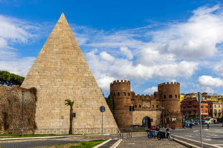 Porta San Paolo Gate and ancient Pyramid of Cestius Celsius in Rome, Italyのeditorial素材