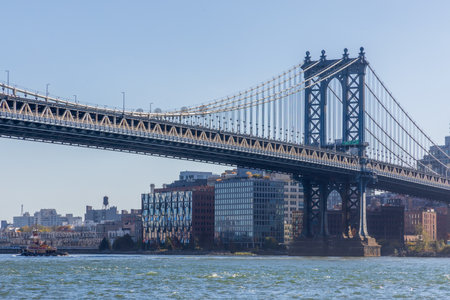Manhattan Bridge, Brooklyn Waterfront Panorama, and East River Bank viewed from New York City's...