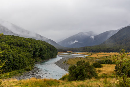 The beautiful Makarora River at the Blue pools walking track in South Island, New Zealandの写真素材