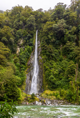 The beautiful Makarora River at the Blue pools walking track in South Island, New Zealandの写真素材