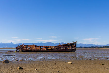 The rusted and abandoned Janie Seddon shipwreck in Port Motueka, Nelson, South Island, New Zealandの写真素材