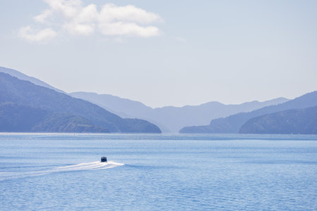 Queen Charlotte Sound with surrounding hills in the South Island, New Zealandの写真素材