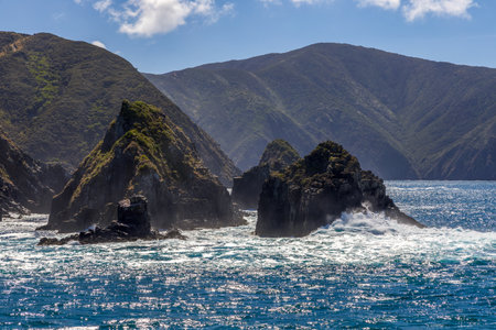 Queen Charlotte Sound with surrounding hills in the South Island, New Zealandの写真素材