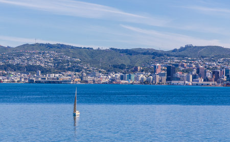 Wellington, New Zealand - city skyline. Modern architecture. The view from Wellington Harborの写真素材