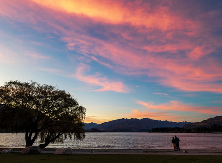 Beautiful sunset at Lake Wanaka, South Island, New Zealandの写真素材