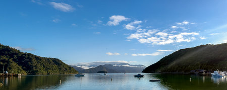 Queen Charlotte Sound with surrounding hills in the South Island, New Zealandの写真素材