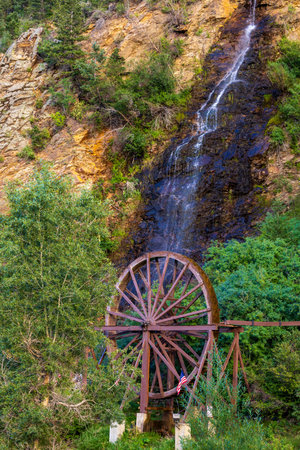 Waterfall and water wheel in Idaho Springs, Coloradoの写真素材
