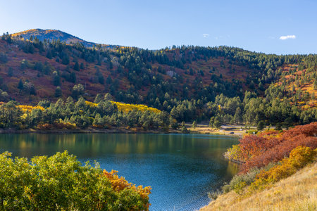 Scenic fall foliage landscape on the North Lake State Wildlife area alongside the Highway of Legends National Scenic Byway going from Walsenburg to Trinidad in Coloradoの写真素材