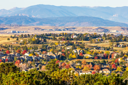 Colorado Living. Centennial, Colorado - Denver Metro Area Residential Autumn Panorama with the view of the Front Range mountains in the distanceの写真素材