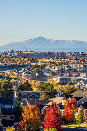 Colorado Living. Centennial, Colorado - Denver Metro Area Residential Autumn Panorama with the view of the Front Range mountains in the distanceの写真素材