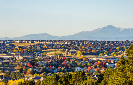 Colorado Living. Centennial, Colorado - Denver Metro Area Residential Autumn Panorama with the view of the Front Range mountains in the distanceの写真素材