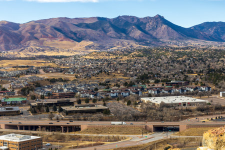 Colorado Living. Colorado Springs, Colorado - Residential Winter Panorama with the view of the Front Range mountains in the distance viewed from the top of Pulpit Rockの写真素材