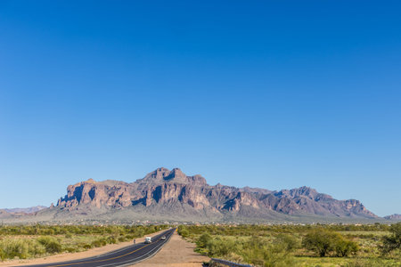 Scenic view of Superstition Mountains at the end of the road in Lost Dutchman State Park near...