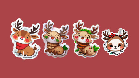Cute Christmas reindeer cartoon sticker set. Vector illustration.のイラスト素材