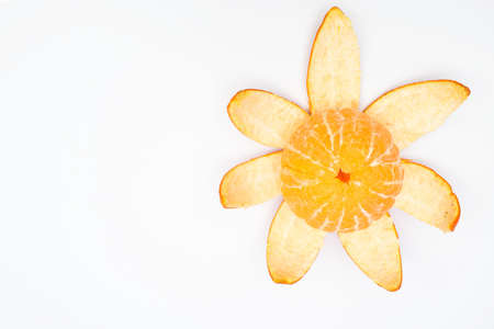 Clemetine that has the shade of a flower on a white backgroundの写真素材