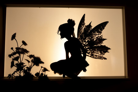 Silhouette of a beautiful fairy on the window at sunset.の素材