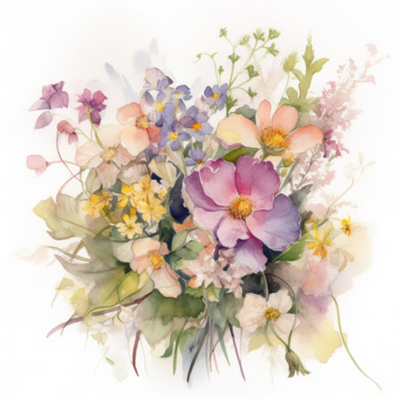 Watercolor bouquet of spring flowers. Hand painted floral illustration.の素材