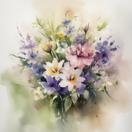 Watercolor bouquet of freesia and iris flowers.の素材