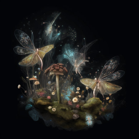 Fantasy magic mushroom with dragonflies and flowers on a black backgroundの素材