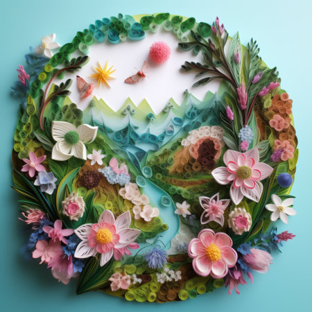 creative flower face made of leaves and flowers on a blue backgroundの素材