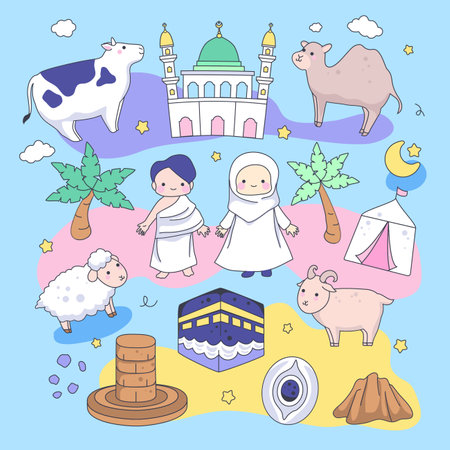 Eid Al Adha Hajj Umrah Islamic Muslim Vector illustrations collectionのイラスト素材