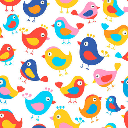 Hand drawn seamless pattern with cute birds. Fun birds for kids design. Vector. Bright colors - red, blue, pink, yellow, orange. On white background.のイラスト素材