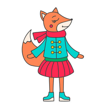 Winter fox girl. Hand drawn doodle fox in winter clothes. Cute fox for kids design. Vector. Isolated.のイラスト素材