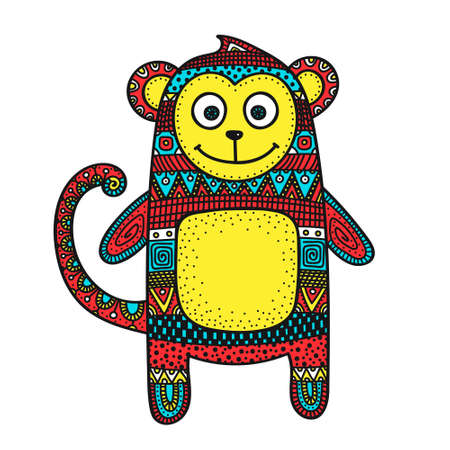 Vector hand drawn doodle monkey. Figure with doodle ornament. Ethnic tribal monkey. Cute design for children. Bright colors - red, yellow, blue.のイラスト素材