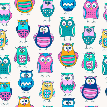 Seamless pattern with hand drawn doodle owls. Cute background for kids. Vector pattern. Bright colors - yellow, orange, pink, blue, green.のイラスト素材