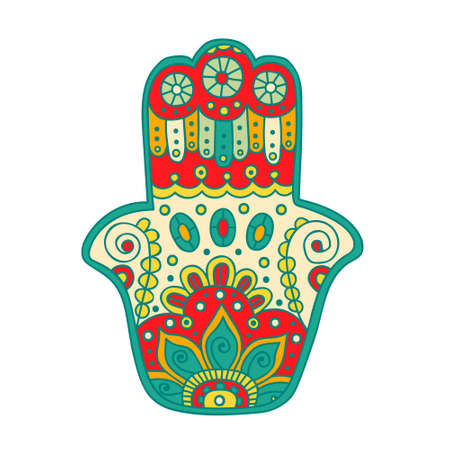 Vector hand drawn doodle hamsa with ornament. Hand with tribal doodle ornament. Bright colors.のイラスト素材