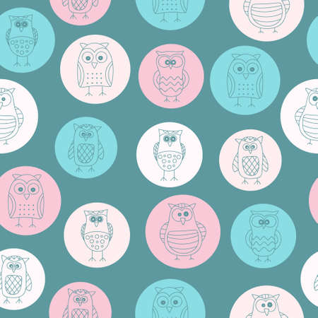 Seamless pattern with hand drawn doodle owls. Cute background for kids. Vector pattern. Pastel colors - pink, beige, blue and green.のイラスト素材