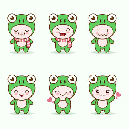cute frog mascot with various kinds of expressions set collectionのイラスト素材