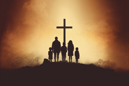 Silhouette of a Christian family standing in front of the crossの素材