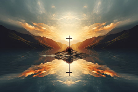 Cross reflected in the water of a mountain lake at sunsetの素材
