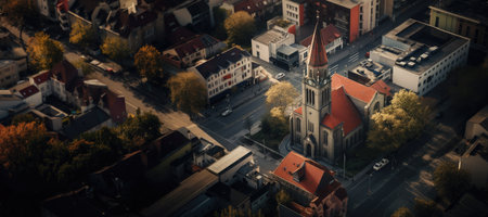 Aerial view of a Church in a cityの素材