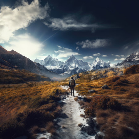 Hiker on the trekking trail in the mountainsの素材