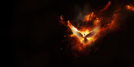 Winged dove in flames, a representation of the New Testament Holy Spirit with copy spaceの素材
