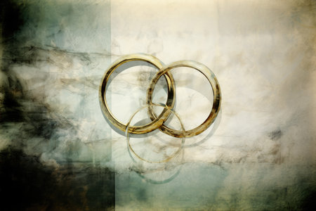 Sacrament: Matrimony. Two golden wedding rings on grunge backgroundの素材