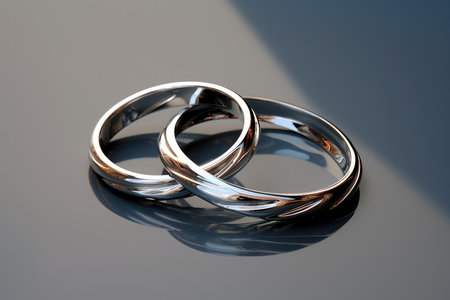 Sacrament: Matrimony. Wedding rings on a reflective surfaceの素材