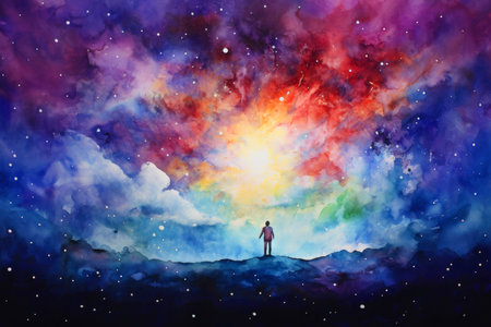 Faith. Man standing on the edge of a mountain and looking to the heavensの素材