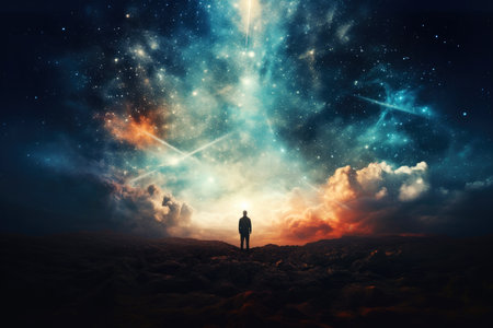 Faith. Heavenly background. Man standing on the edge of the heavensの素材