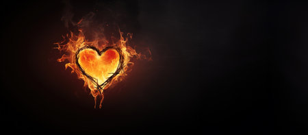 The Sacred Heart, a burning heart on black background with copy spaceの素材