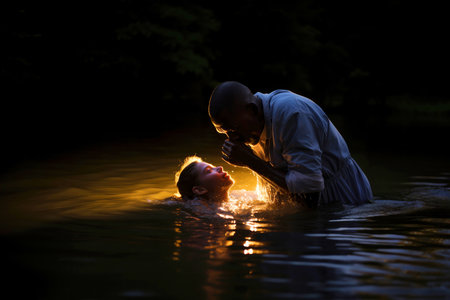 River Baptism. "In the name of the Father, and of the Son, and of the Holy Spirit"の素材