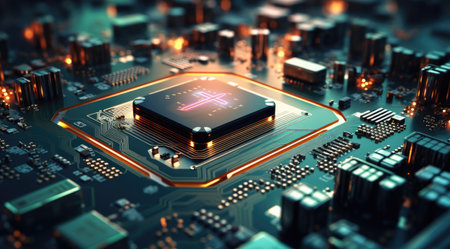 Technology: "Powered by Faith". Close-up view of a modern GPU with a cross on the card circuitの素材