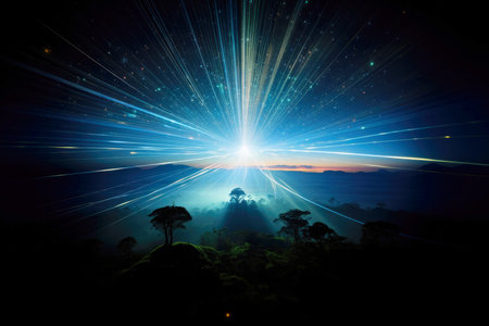 "In the beginning God created the heavens and the earth" Genesis 1:1. Sunrise on the mountain with rays of light and lens flareの素材