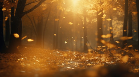 Beautiful autumn forest background with bokeh, fallen leaves and sunbeams.の素材